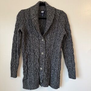 Lands’ End Drifter Button Cable Knit Long Cardigan Black & White XS 100% Cotton